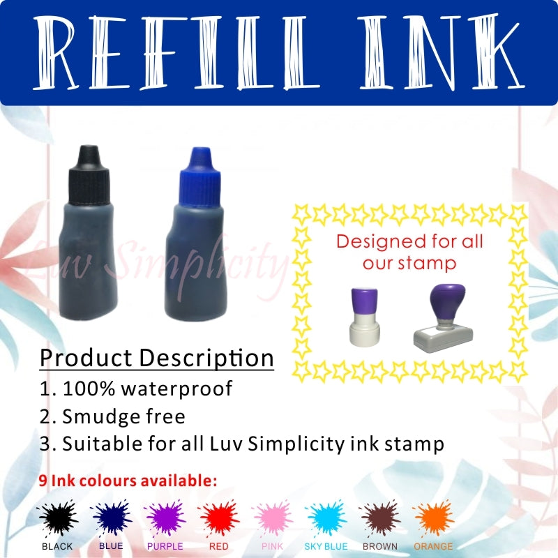 Refill ink / 10ml bottle / Oil based / Waterproof / Smudge free / Permanent / Name stamp / Rubber stamp / Compay stamp