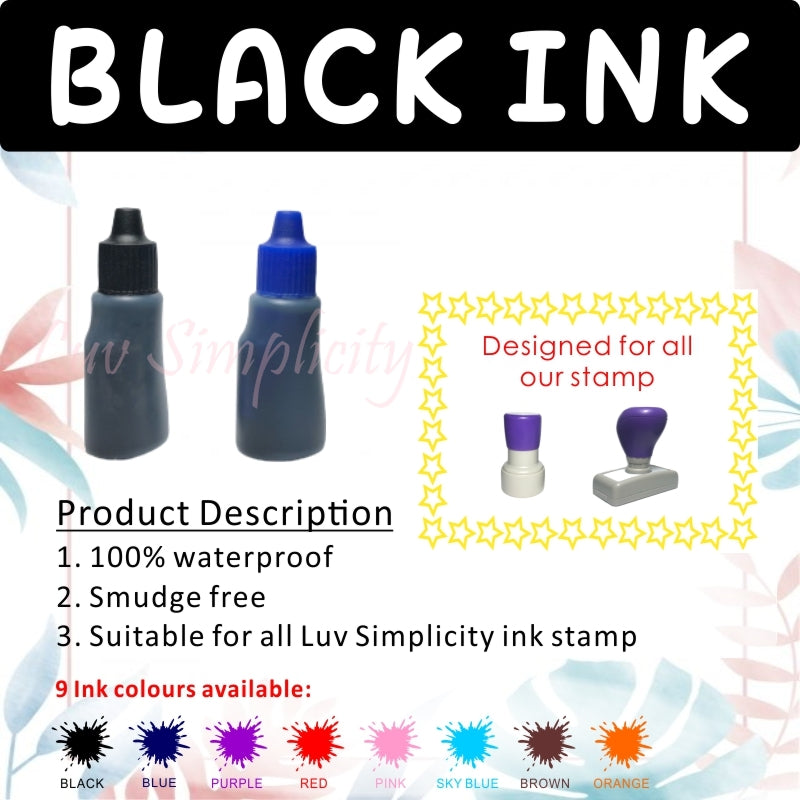 Refill ink / 10ml bottle / Oil based / Waterproof / Smudge free / Permanent / Name stamp / Rubber stamp / Compay stamp