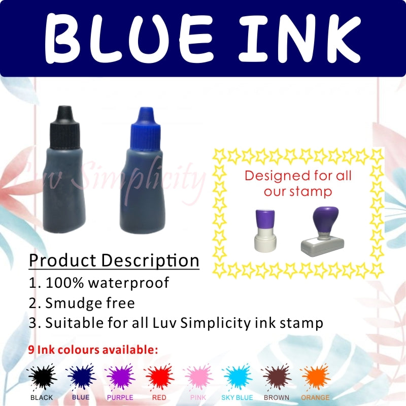 Refill ink / 10ml bottle / Oil based / Waterproof / Smudge free / Permanent / Name stamp / Rubber stamp / Compay stamp