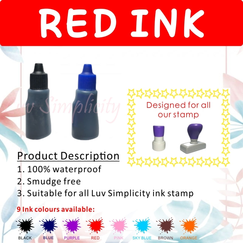 Refill ink / 10ml bottle / Oil based / Waterproof / Smudge free / Permanent / Name stamp / Rubber stamp / Compay stamp
